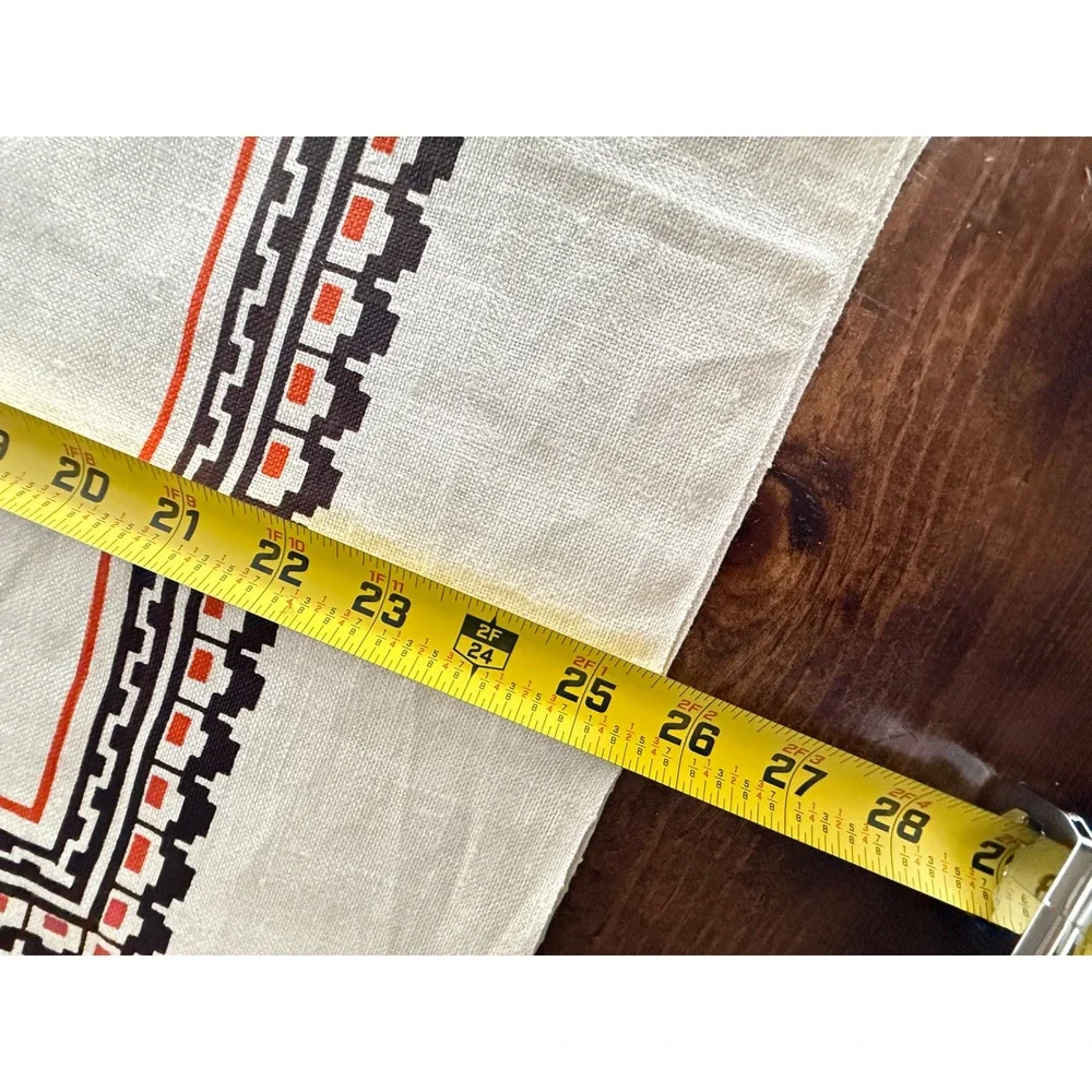 VTG Floral Cross Stitch Print Linen Tablecloth Cream Orange 51x26 Mid Century